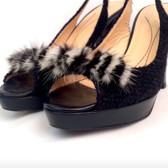 KATE SPADE Galore Black Boucle Tweed Mink Fur Bow Slingback Peep‎ Toe Heels Pump - Picture 14 of 17